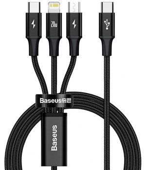 Baseus Rapid 3v1 USB-C / micro USB, USB-C, Lightning, 1,5m opleten ern kabel